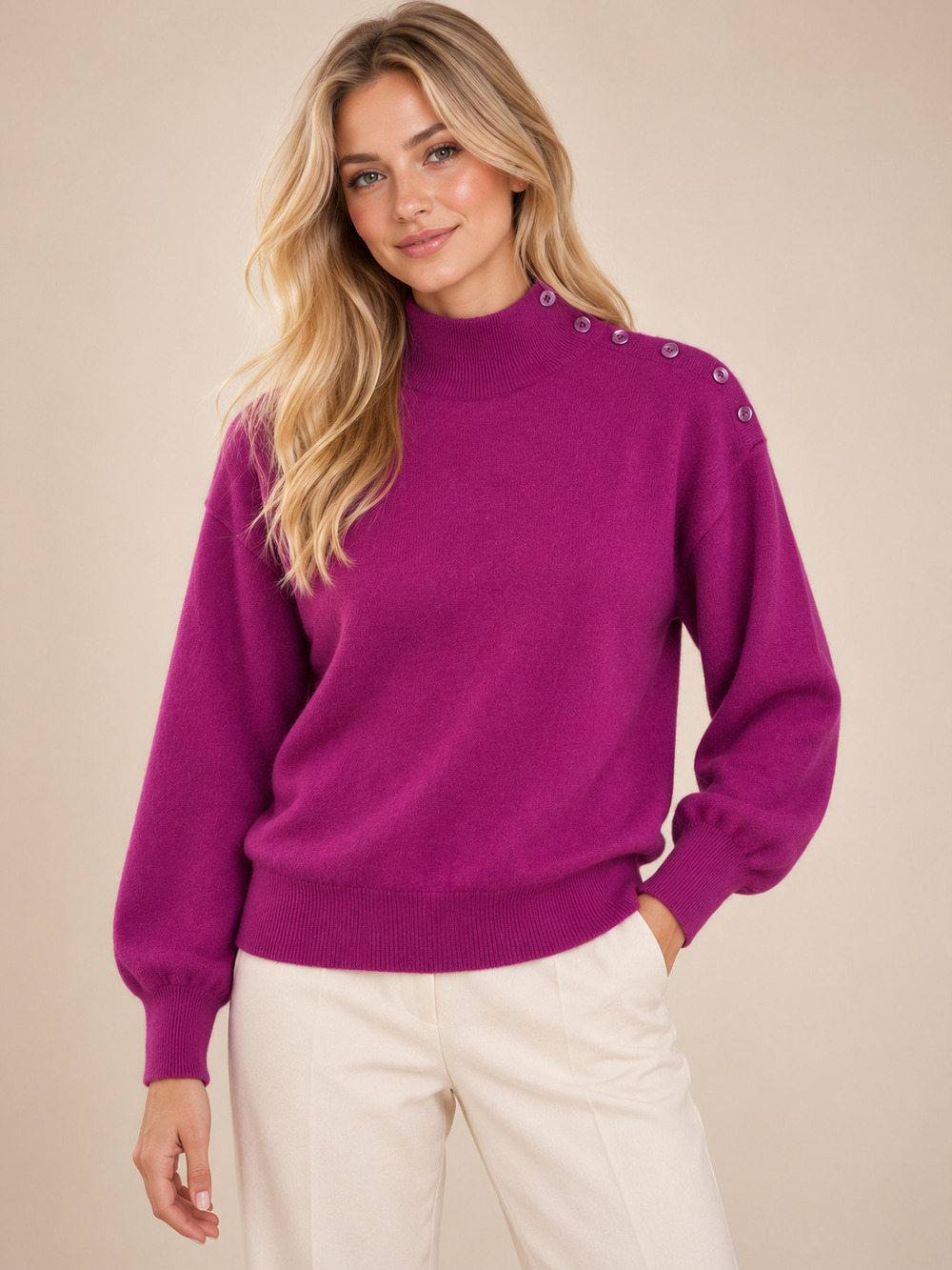 Robinsons Cashmere Shoulder Button Mock Neck Sweater Pink M #A6540